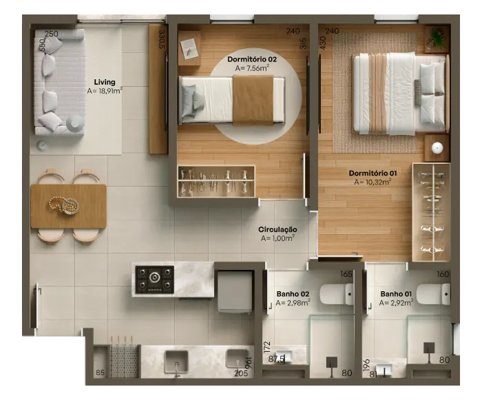 Aura – Tipo 1 · 51 m² (1 suíte + 1 dormitório)