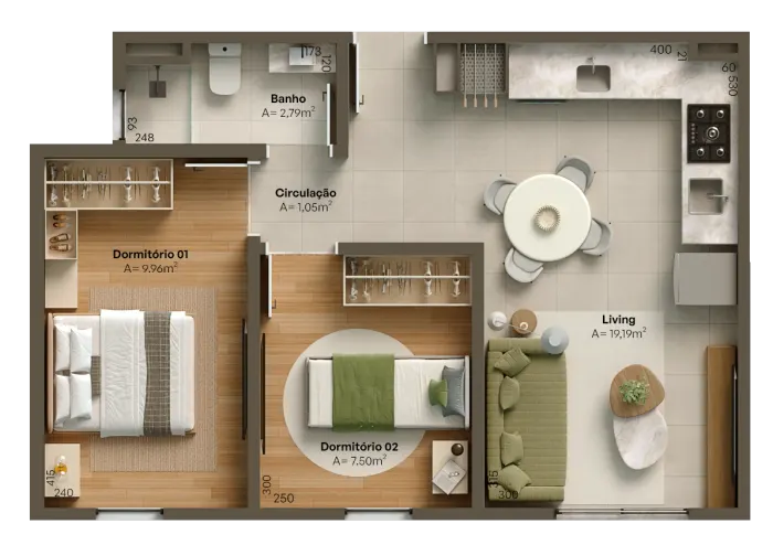 Aura – Tipo 2 · 47 m² (2 dormitórios)