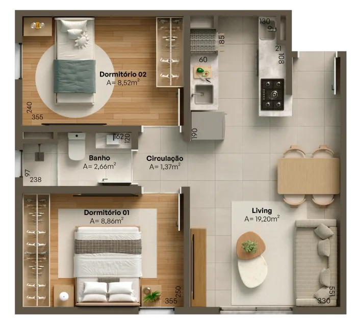 Aura – Tipo 3 · 47 m² (2 dormitórios)