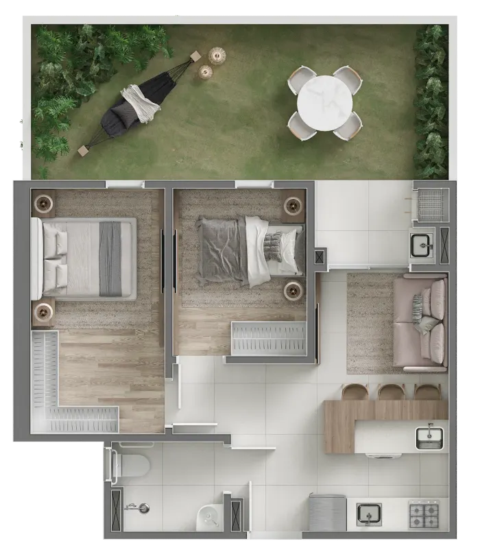 Gran Malltech – Residence · apartamento 2 dormitórios com garden (opção 1)