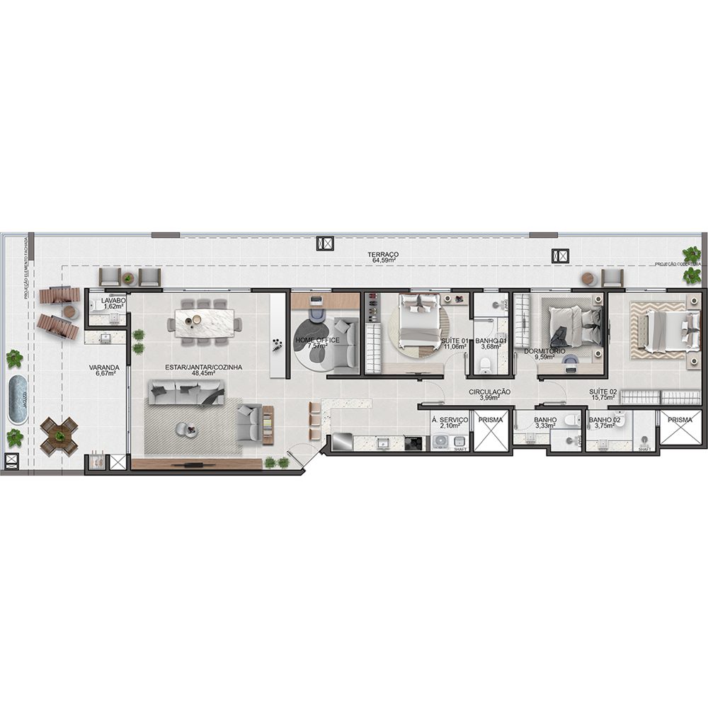 Planta Cobertura 3 dormitórios vista mar