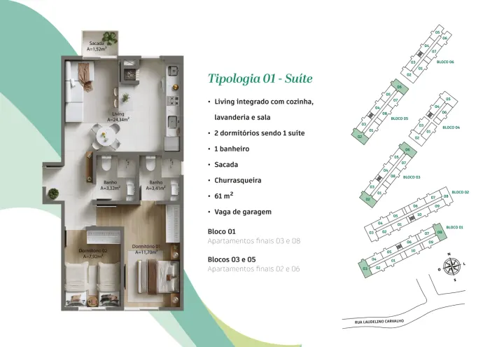 Visio Home – Tipologia 1 – Suíte · 61 m² (2 dorm., 1 suíte)