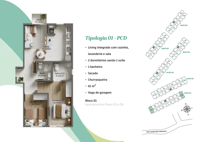 Visio Home – Tipologia 1 – PCD · 61 m² (2 dorm., 1 suíte)