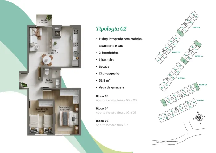 Visio Home – Tipologia 2 · 56,8 m² (2 dormitórios)