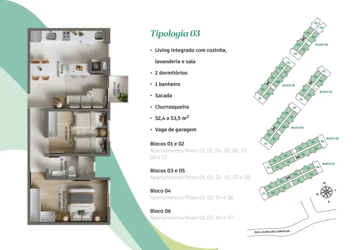 Visio Home – Tipologia 3 · 52,4 a 53,5 m² (2 dormitórios)