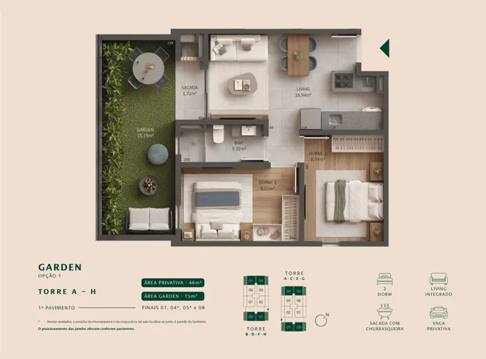Viva Serenità – Apartamento tipo 1 · 46 m²