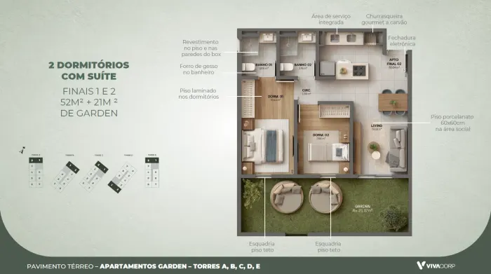 Viva Urban – Garden – finais 1 e 2 · 52 m² + 21 m² de garden (2 dorm. com suíte)