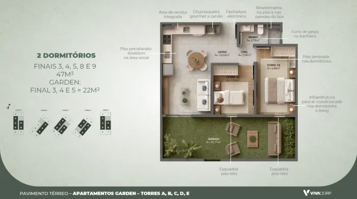 Viva Urban – Garden – finais 3, 4, 5, 8 e 9 · 47 m² (garden de 22 m² nos finais 3, 4 e 5)