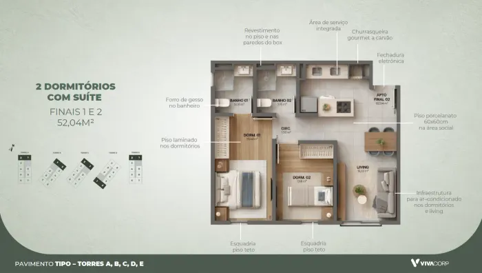 Viva Urban – Tipo – finais 1 e 2 · 52,04 m² (2 dorm. com suíte)