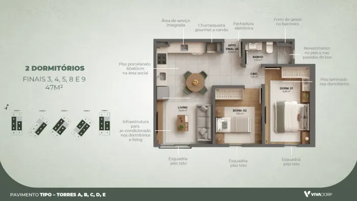 Viva Urban – Tipo – finais 3, 4, 5, 8 e 9 · 47 m²